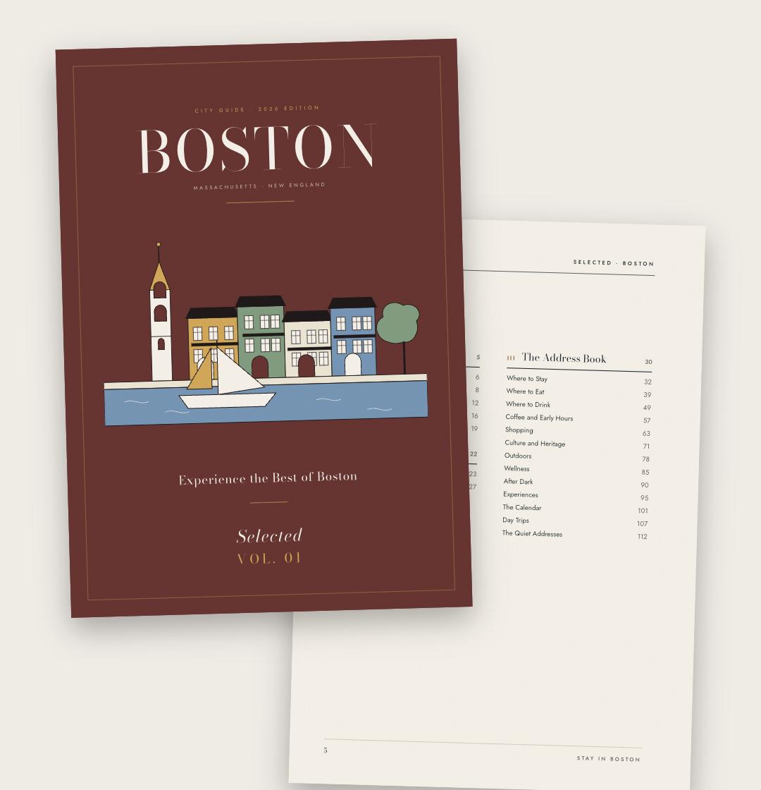 The cover and contents pages of Selected, the Stay In Boston city guide, 2026 edition