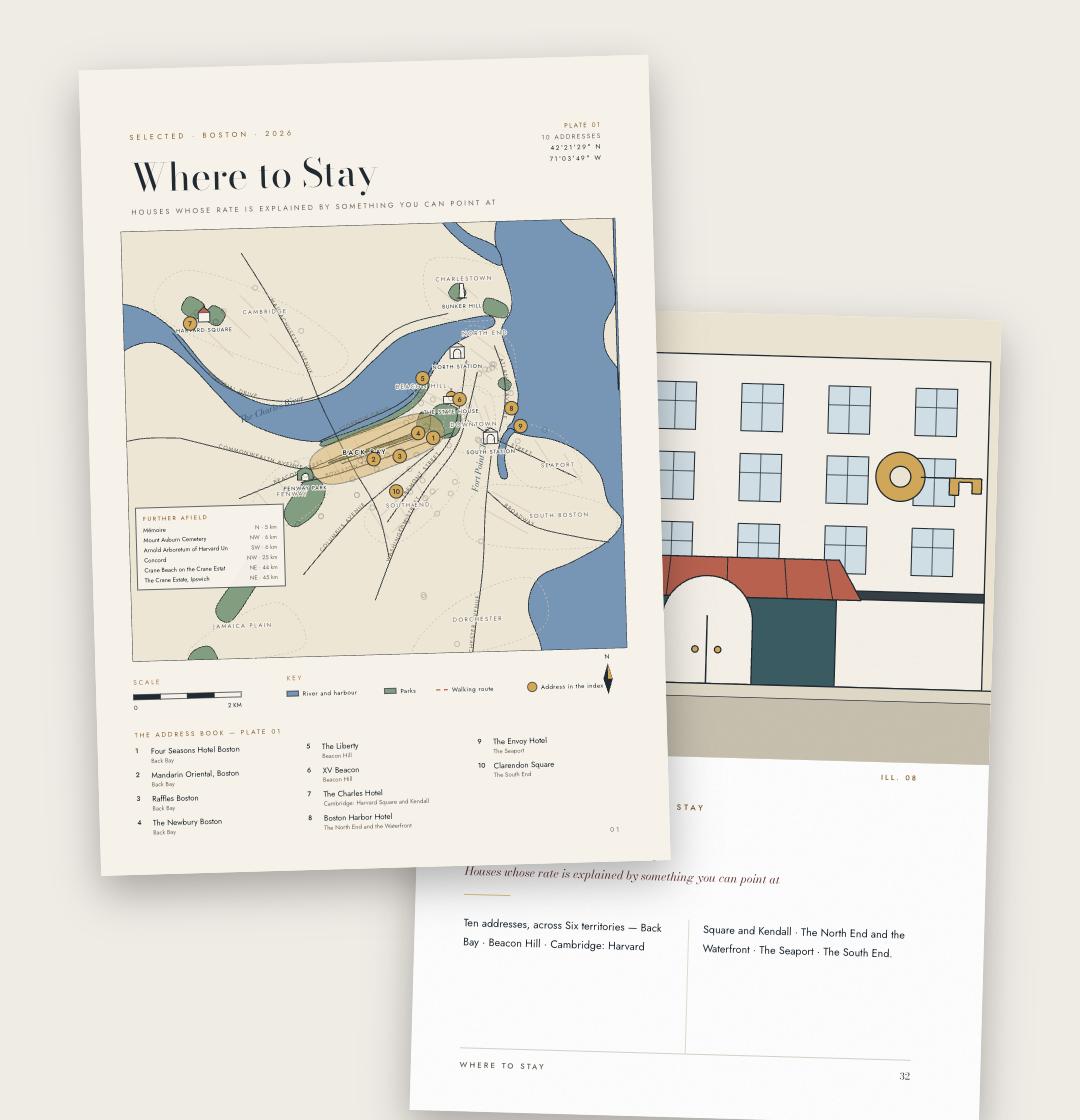The Where to Stay chapter of the Boston city guide, with its drawn map of the ten hotel addresses