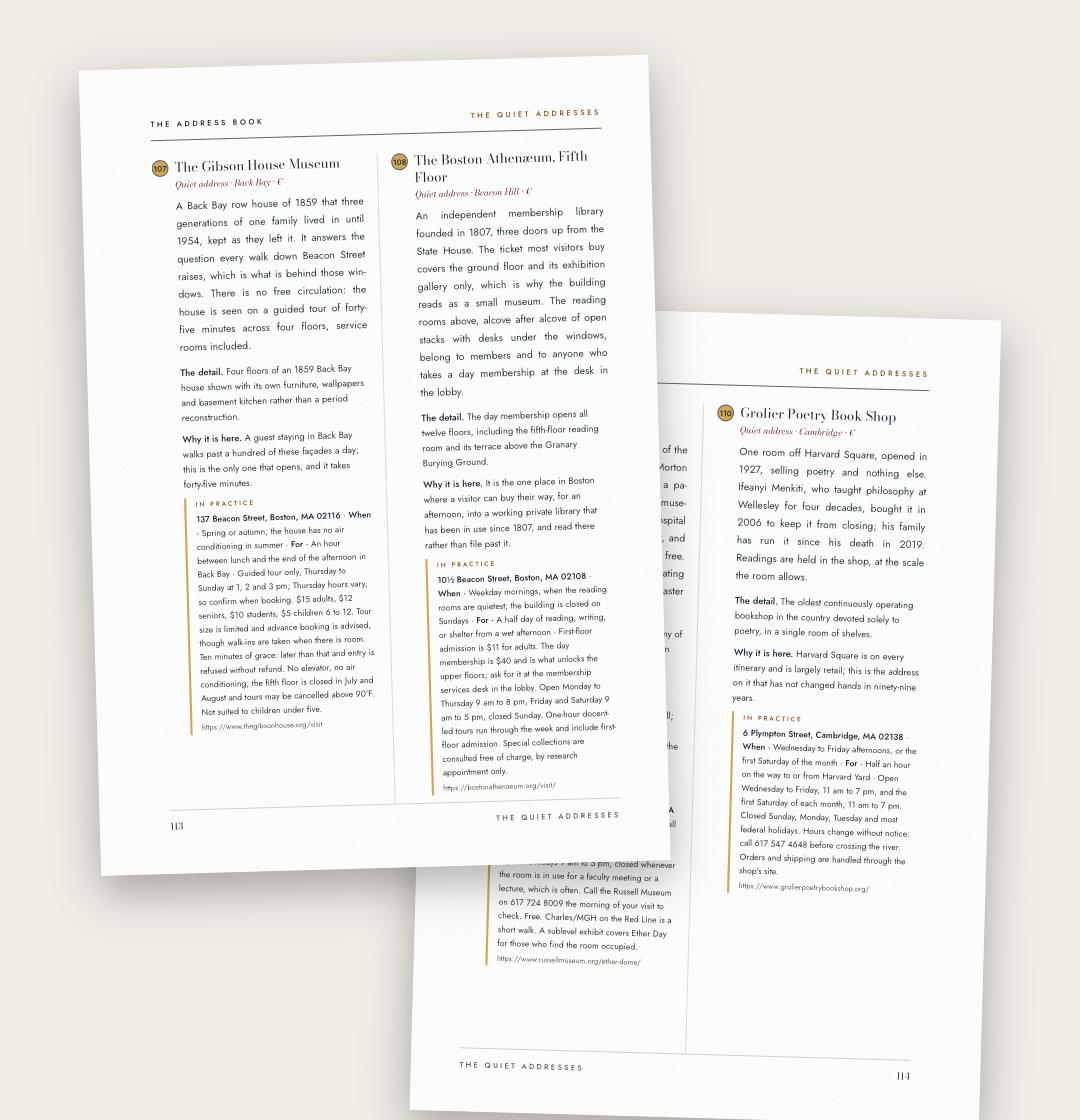 The Quiet Addresses chapter of the Boston city guide