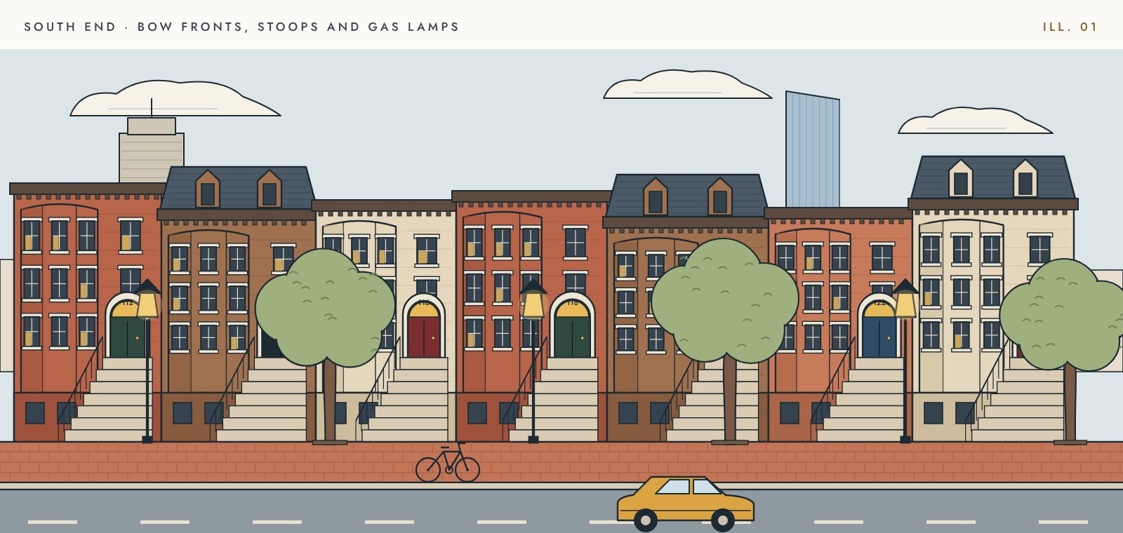 Illustration of South End row houses with bow fronts, high stoops, gas lamps and street trees