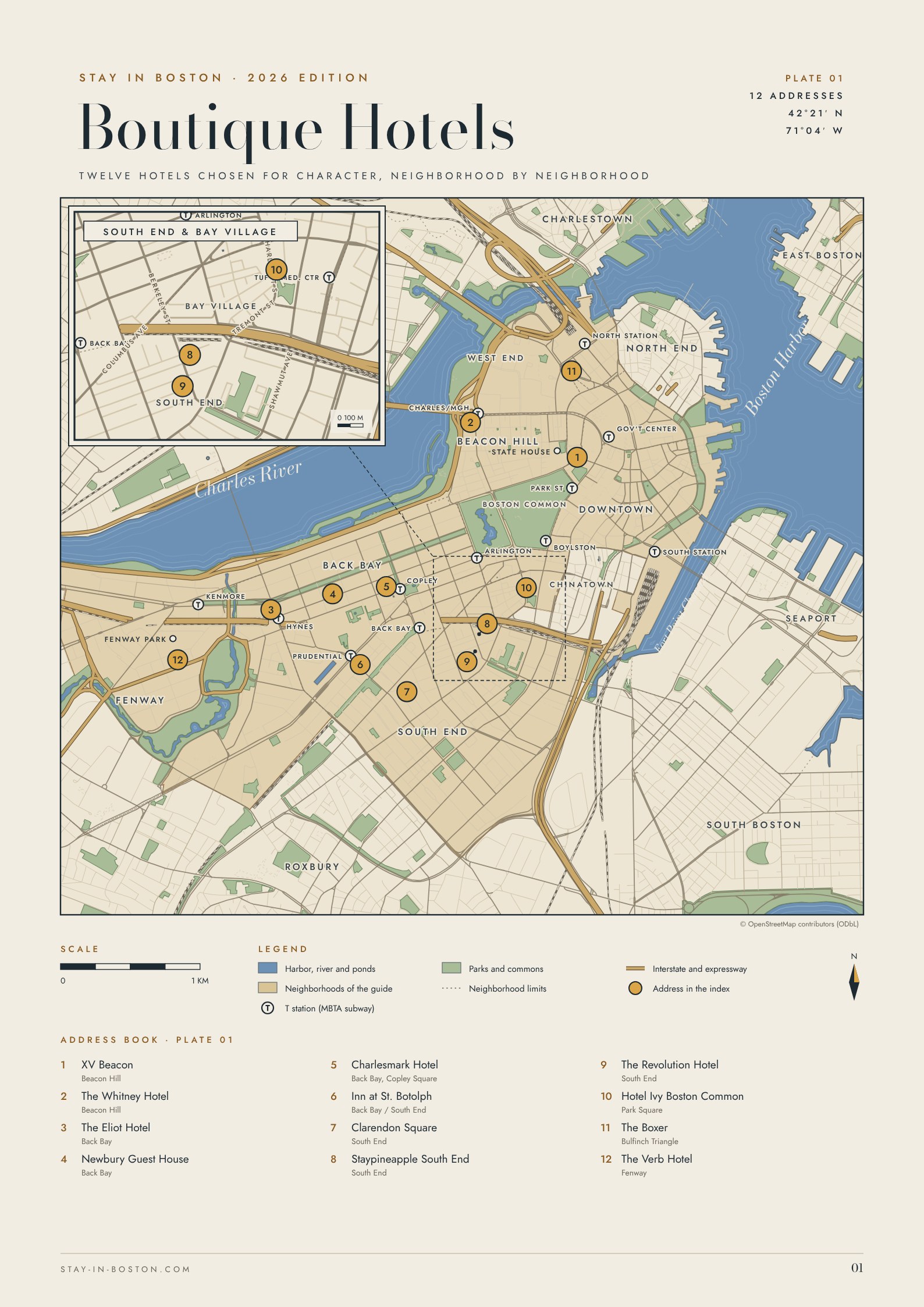 Map of central Boston locating the twelve boutique hotels in this guide and the nearest T stations, with an inset of the South End and Bay Village