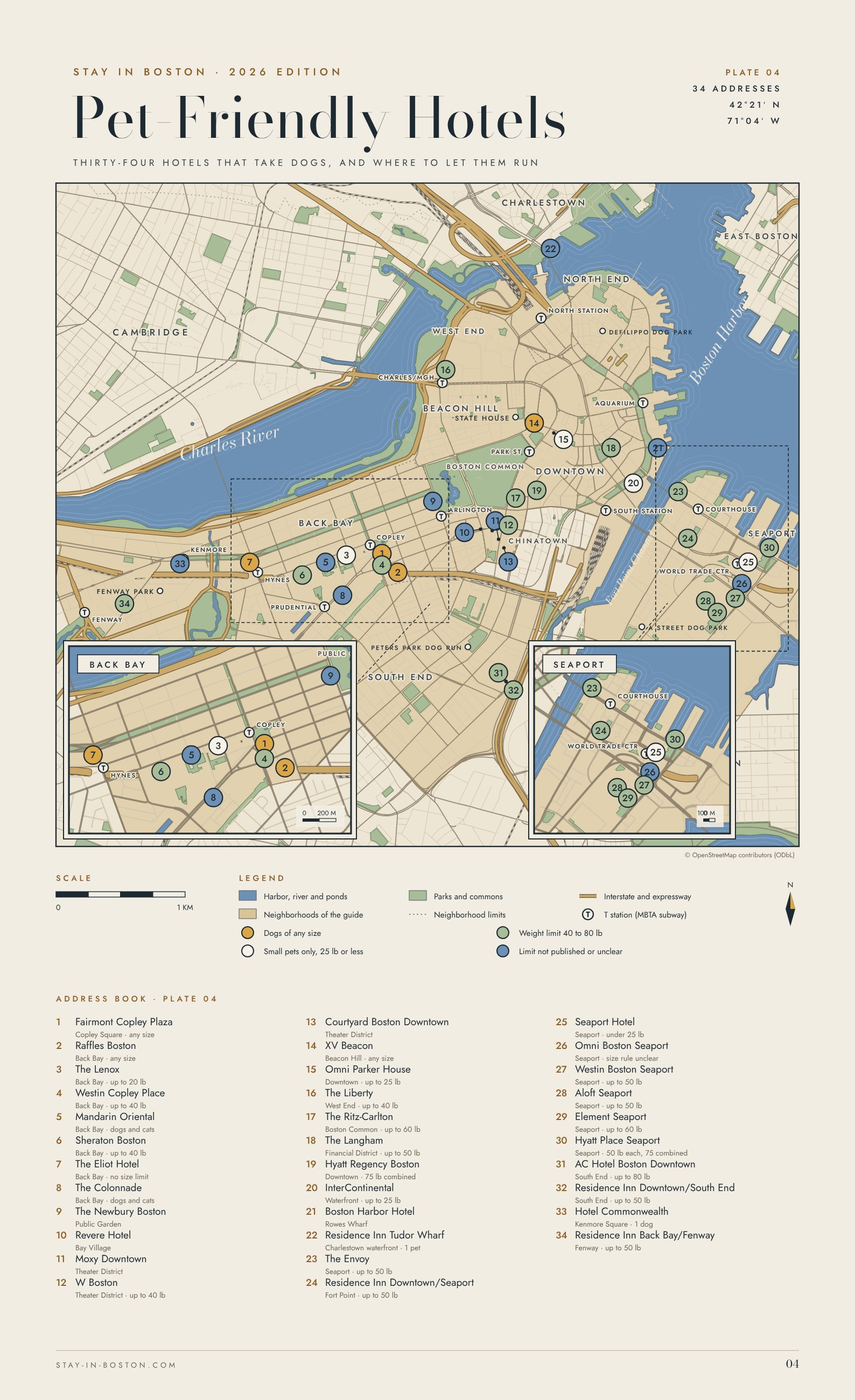 Map of central Boston locating thirty-four pet-friendly hotels coded by weight limit, with insets of Back Bay and the Seaport and the city's off-leash dog parks