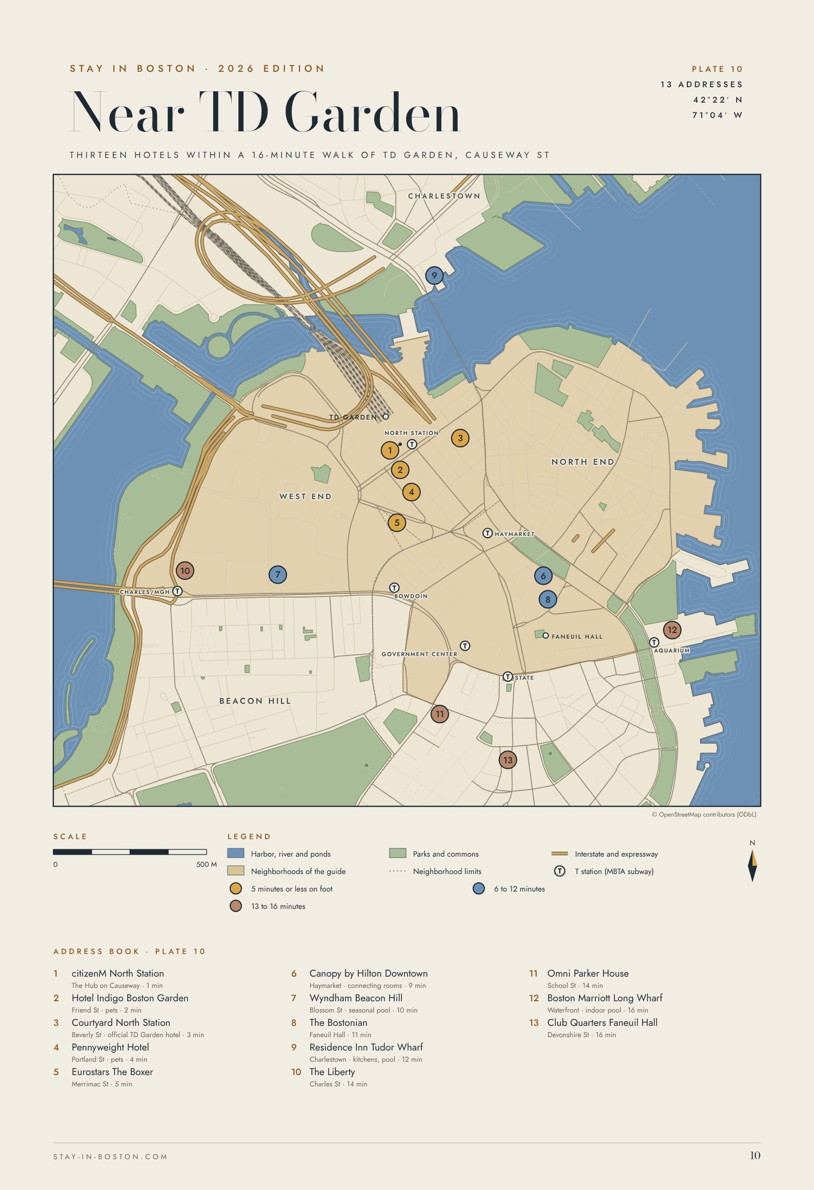 Map of the West End, North End, Faneuil Hall and Charlestown showing TD Garden, thirteen nearby hotels and the T stations