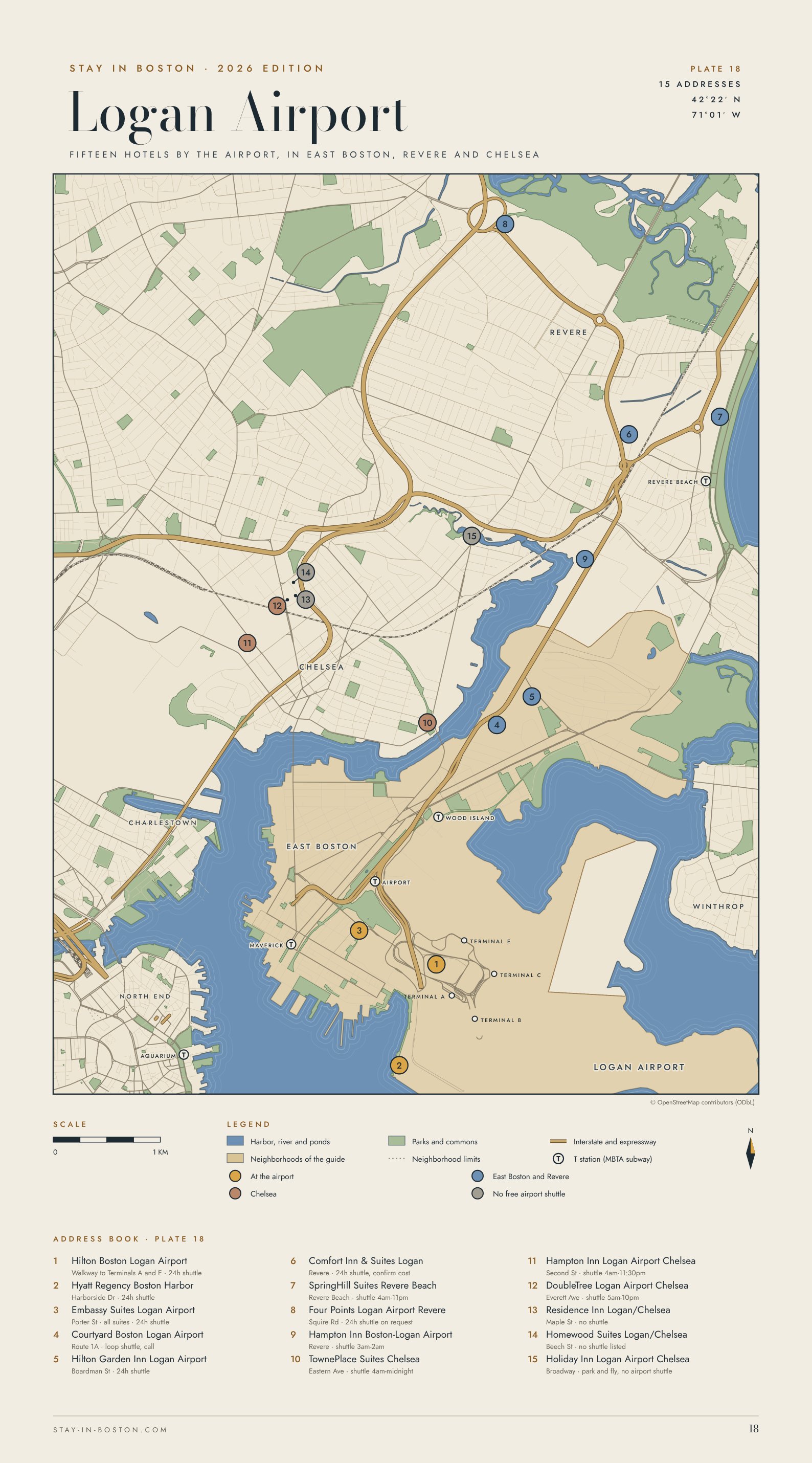 Map of Logan Airport, East Boston, Revere and Chelsea showing fifteen hotels near Boston Logan Airport, the terminals and the Blue Line stations