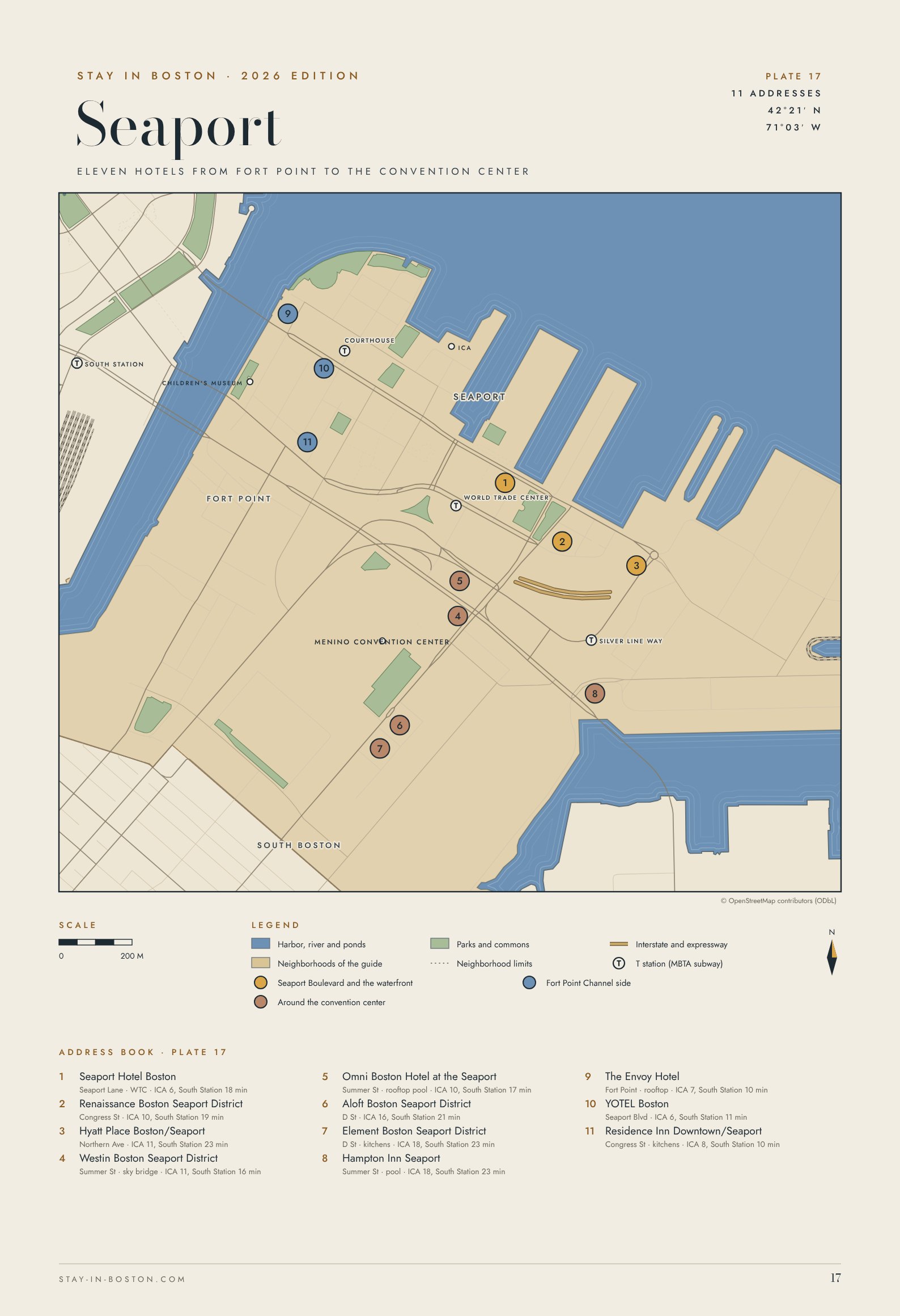 Map of the Seaport and Fort Point in Boston showing eleven hotels, the Institute of Contemporary Art, the Children's Museum, the Menino Convention Center and the Silver Line stations