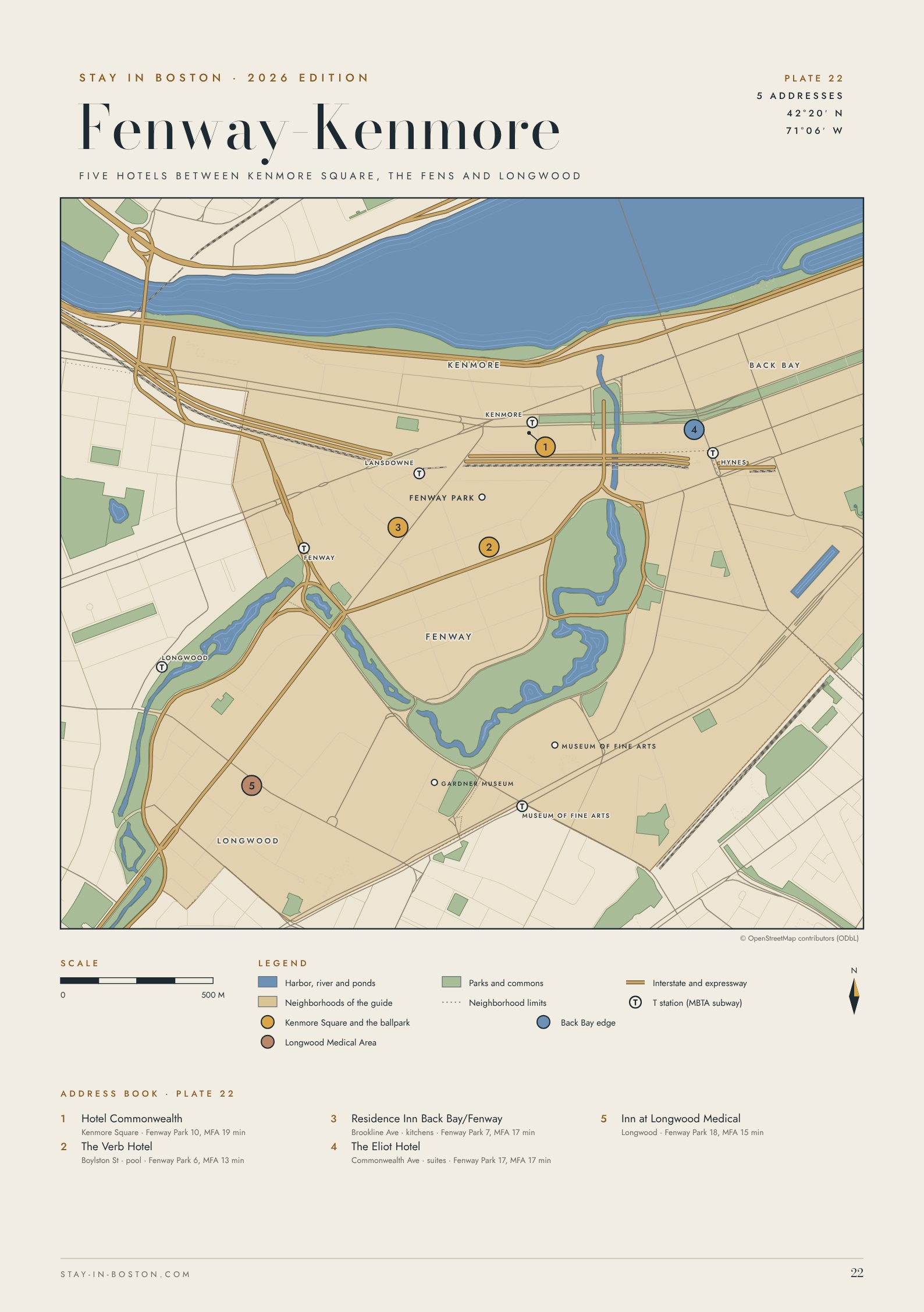 Map of Fenway-Kenmore in Boston showing five hotels, Fenway Park, Kenmore Square, the Museum of Fine Arts, the Gardner Museum, the Longwood Medical Area and the Green Line stations