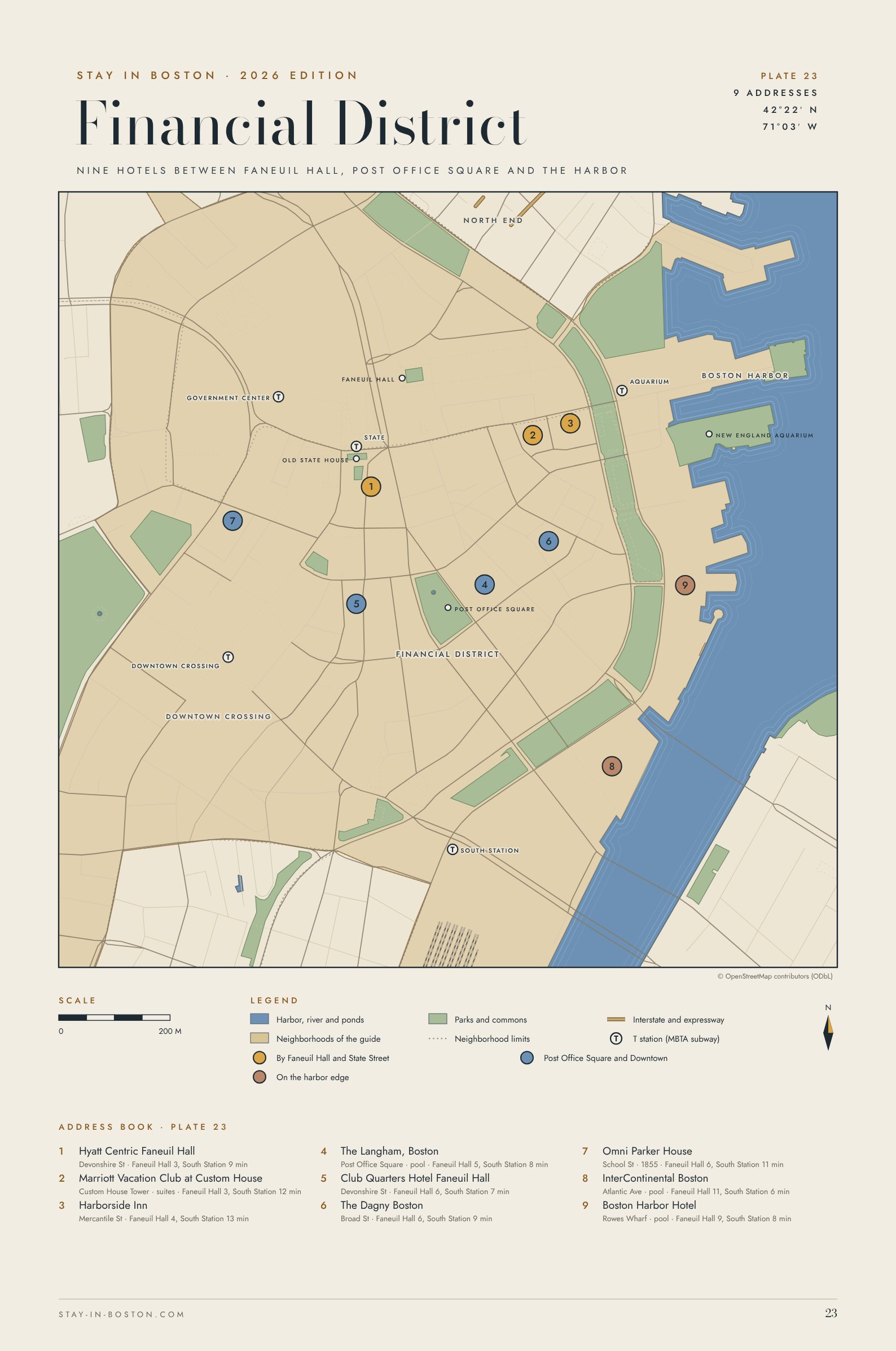 Map of Boston's Financial District showing nine hotels, Faneuil Hall, Post Office Square, the Old State House, the New England Aquarium and the T stations