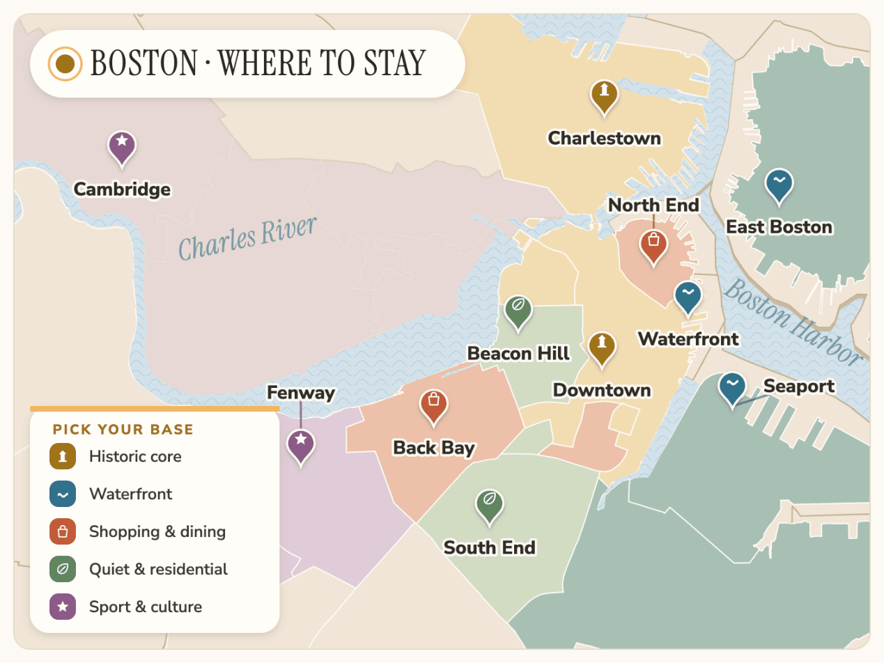Map of the Boston neighbourhoods travellers choose between to book a hotel: Back Bay, Beacon Hill, Downtown, the North End, the Waterfront, the Seaport, the South End, Fenway, Charlestown, East Boston and Cambridge, with the Charles River and Boston Harbor.