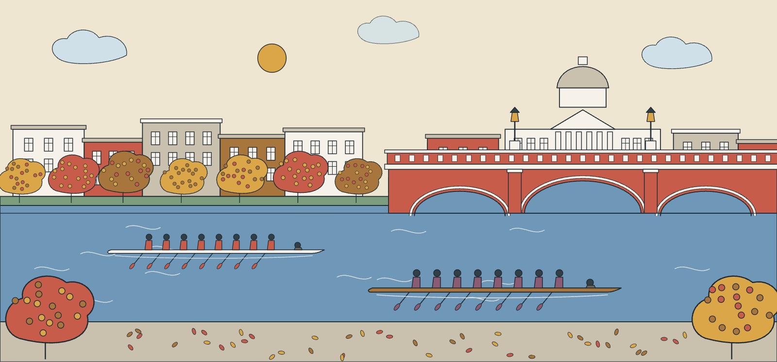 Illustration of rowing crews on the Charles River in October, trees in fall color and a brick arch bridge