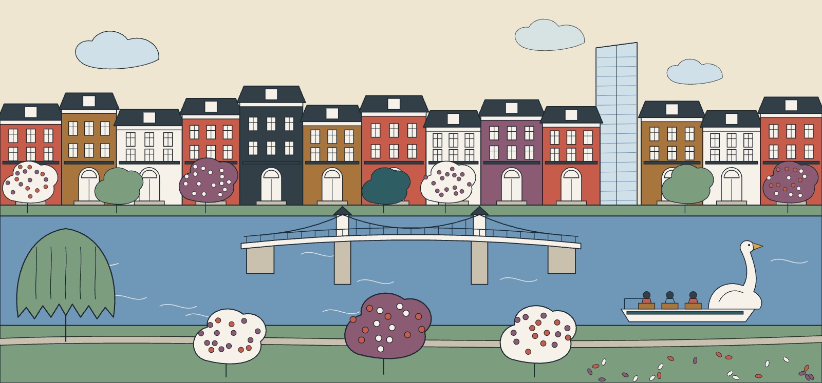 Illustration of the Boston Public Garden in spring with the lagoon bridge, a Swan Boat and magnolias in bloom
