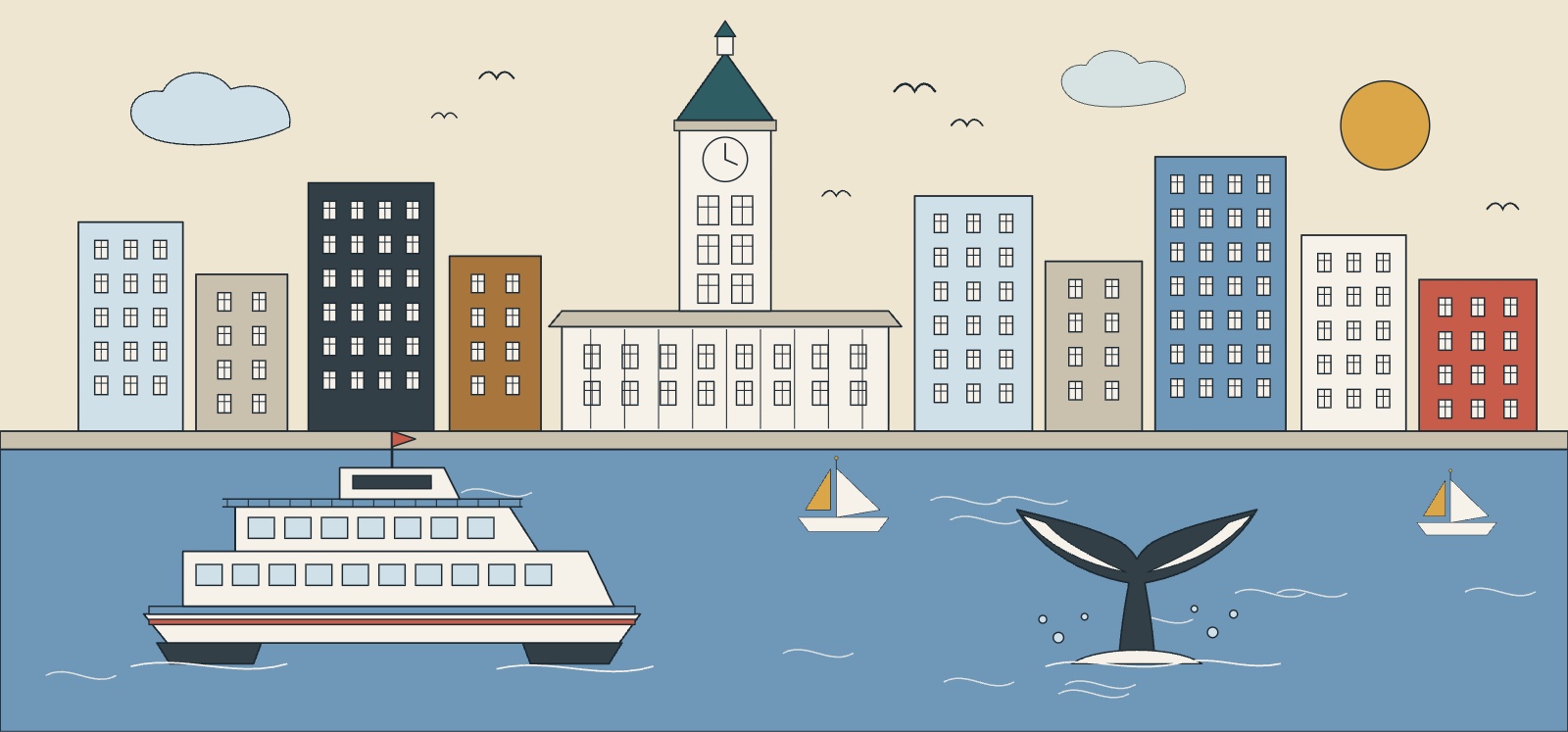 Illustration of Boston Harbor in summer with a whale-watch catamaran, a humpback whale and the downtown skyline