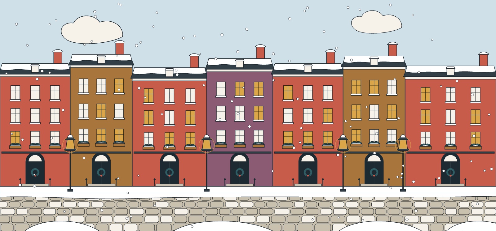 Illustration of a snowy Beacon Hill street with brick row houses and lit gas lamps